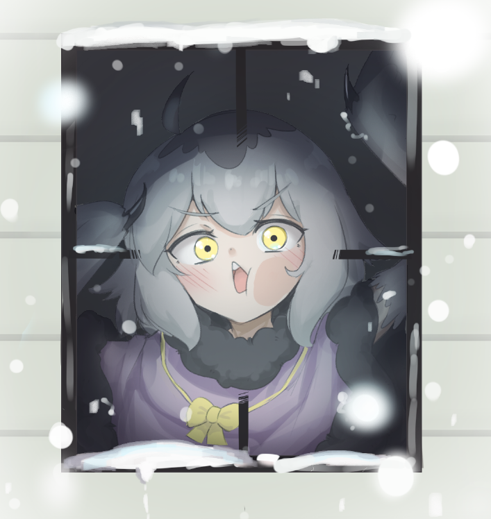 1girl ahoge blush capelet commentary english_commentary feathered_wings grey_feathers grey_hair grey_wings hair_between_eyes harpy looking_through_window medium_hair mono_(sifserf) monster_girl open_mouth original owl_girl purple_capelet sifserf snow snowing solo teeth upper_teeth_only winged_arms wings yellow_eyes