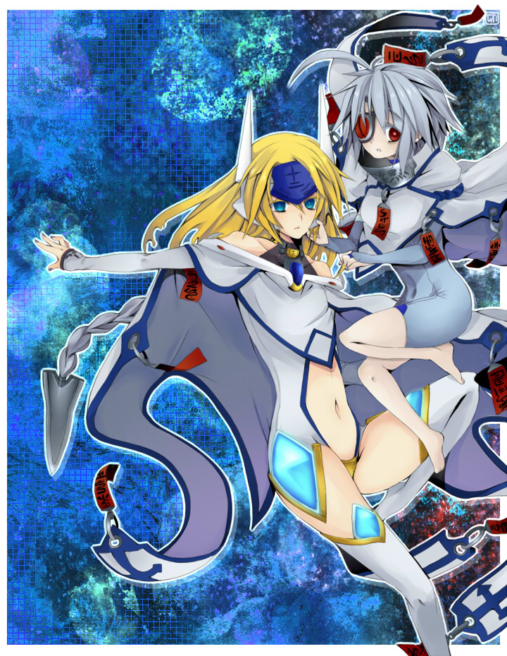 2girls bare_shoulders barefoot blazblue blonde_hair blue_eyes bodysuit braid bridal_gauntlets cape detached_sleeves eyepatch feet female long_hair midriff mu-12 nail_polish nu-13 red_eyes red_ribbon ribbon silver_hair single_braid thigh-highs tiara u_zuki_noko