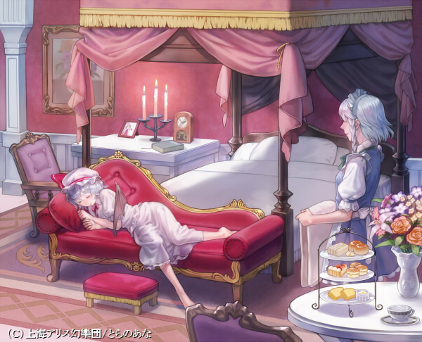 armchair barefoot bat_wings bed bedroom book braid candelabra canopy_bed carpet clock closed_eyes couch cup esukee flower food footstool hat izayoi_sakuya lavender_hair maid maid_headdress multiple_girls pastry picture remilia_scarlet short_hair silver_hair sleeping smile teacup touhou twin_braids vase wings