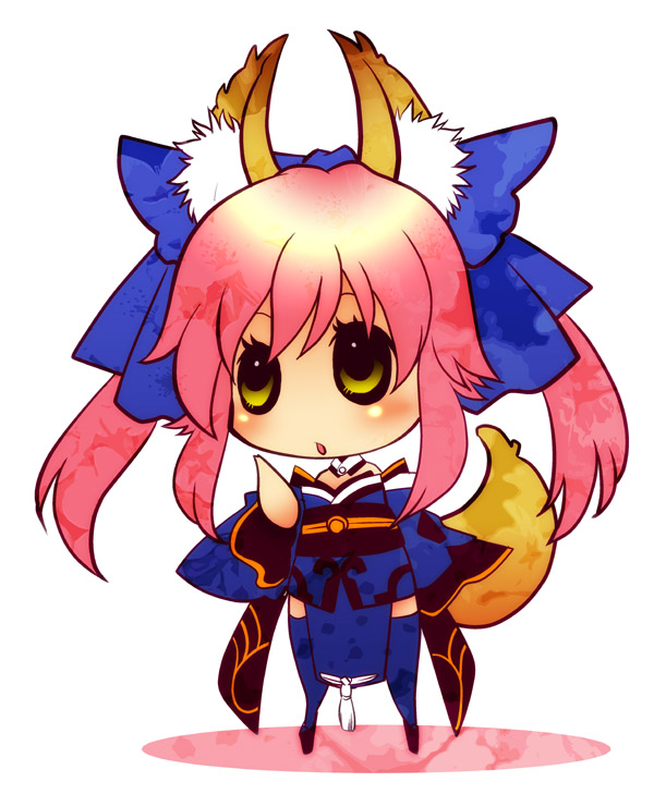 animal_ears caster_(fate/extra) chibi fate/extra fate/stay_night fate_(series) fox_ears fox_tail hair_ribbon japanese_clothes mgk968 pink_hair ribbon solo tail thigh-highs thighhighs twintails yellow_eyes zettai_ryouiki