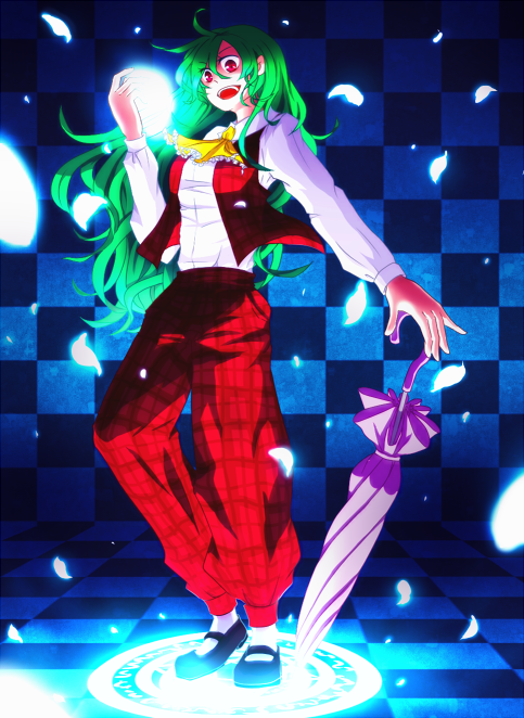 ascot checkered checkered_floor closed_umbrella green_hair kazami_yuuka kazami_yuuka_(pc-98) long_hair magic magic_circle mary_janes nagihara_rion pants petals plaid plaid_vest red_eyes shoes solo tartan touhou touhou_(pc-98) umbrella vest