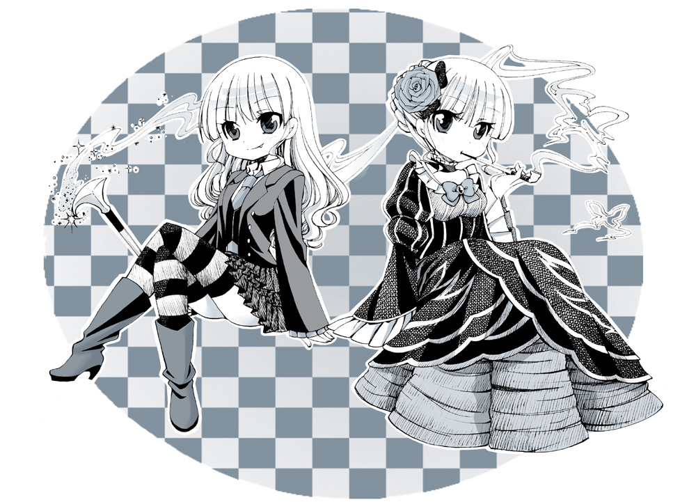 beatrice blue checkered checkered_background dress dual_persona fang hair_ornament kiseru monochrome nono_(c_taka) pipe sitting smile smoking umineko_no_naku_koro_ni