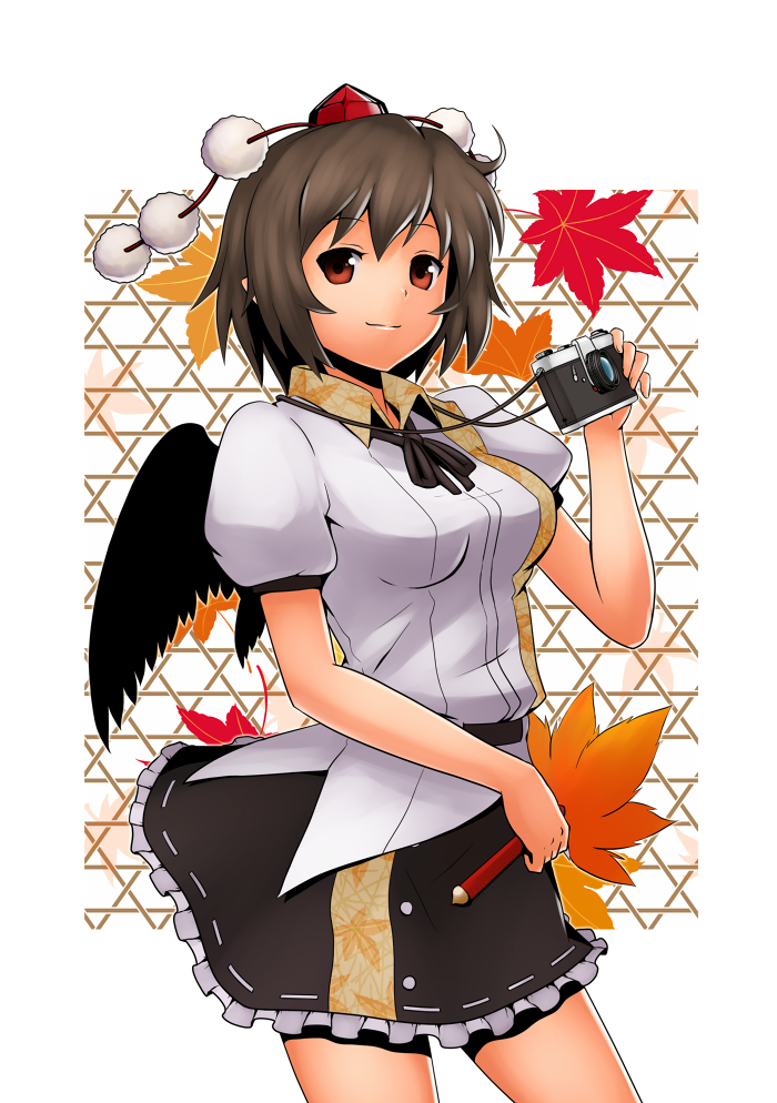 brown_hair camera hat leaf namine0079 red_eyes shameimaru_aya skirt solo tokin_hat touhou wings