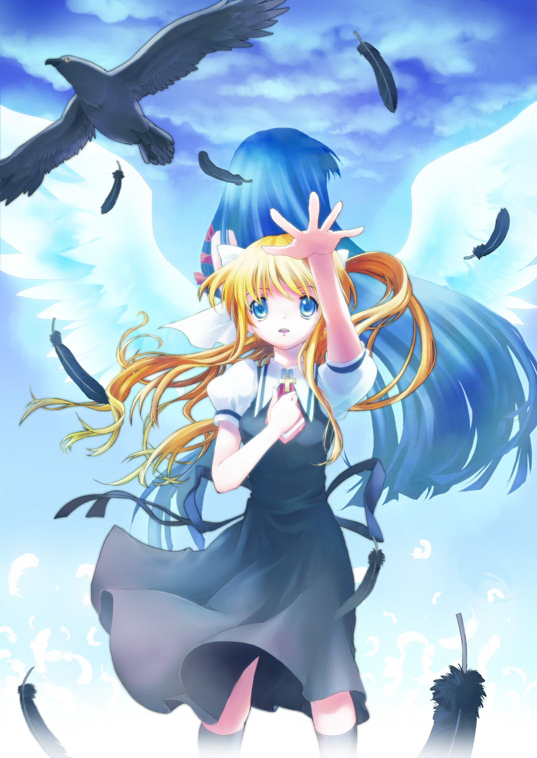 back-to-back bird blonde_hair blue_eyes crow feathers highres kamio_misuzu kannabi_no_mikoto long_hair myaaco outstretched_arm outstretched_hand ponytail reaching school_uniform sora_(air)