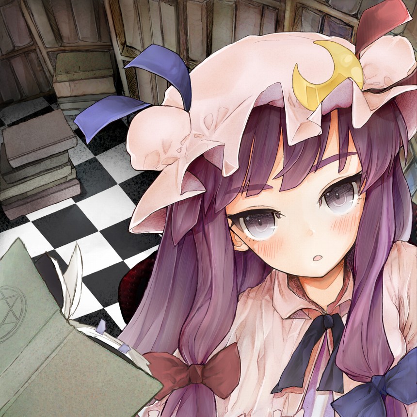 black_eyes book bookshelf checkered checkered_floor crescent fang hair_ribbon hat long_hair patchouli_knowledge purple_hair ribbon solo touhou