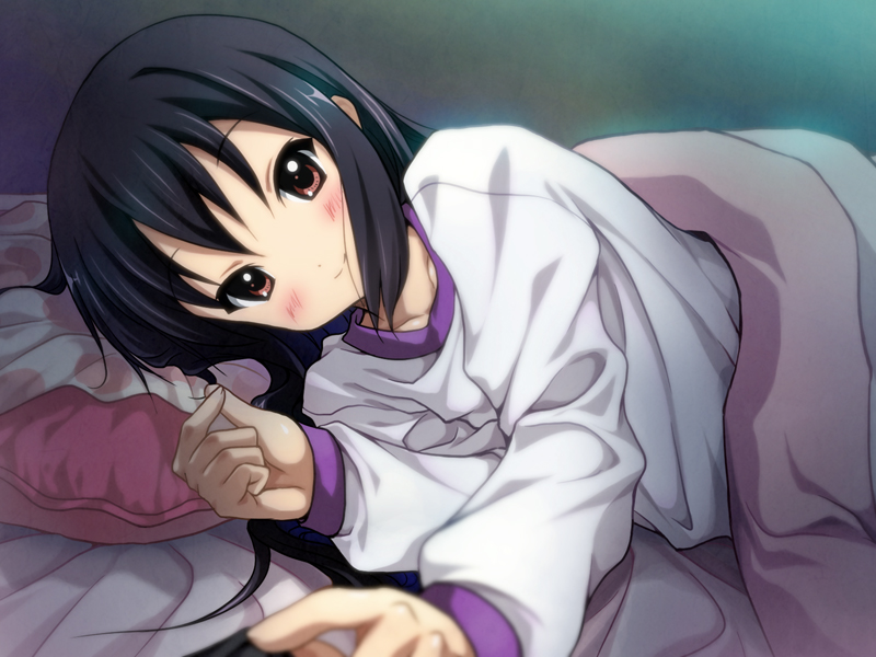 bed black_hair blurry blush brown_eyes depth_of_field foreshortening hair_down k-on! long_hair looking_at_viewer lying nakano_azusa on_side outstretched_arm outstretched_hand pajamas pillow pov pov_eye_contact reaching ryunnu smile solo