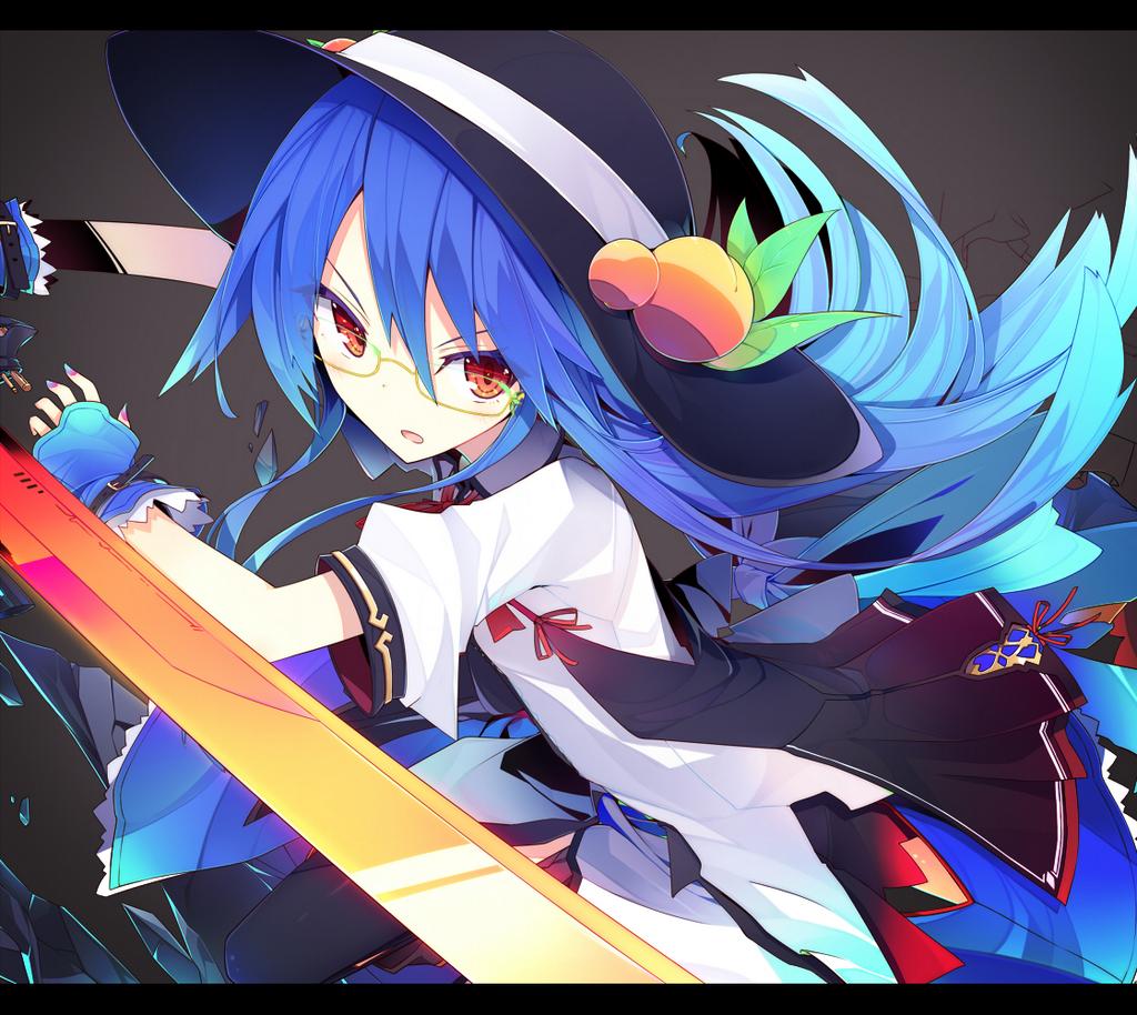 1girl bespectacled blue_hair bow dress food fruit glasses hat hinanawi_tenshi ichiyan letterboxed long_hair open_mouth peach red_eyes skirt solo sword_of_hisou touhou weapon