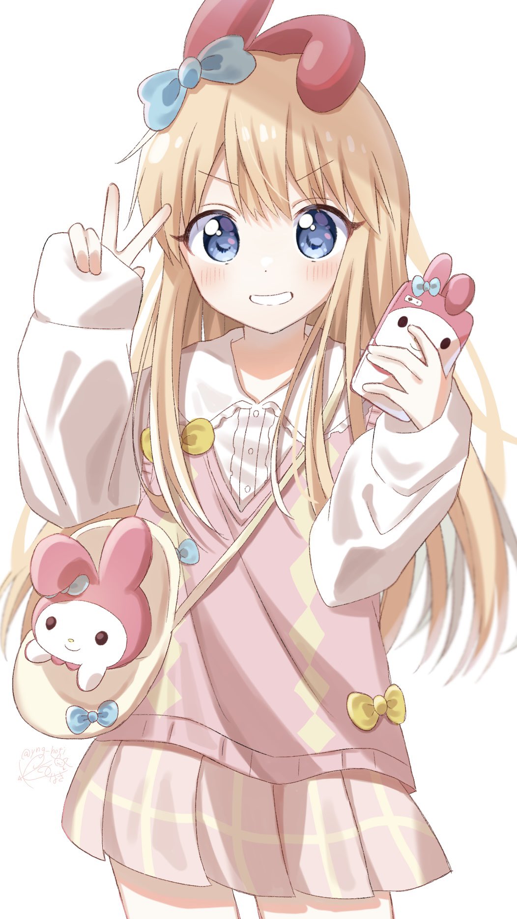 1girl animal_ears bag blonde_hair blue_bow blue_eyes blush bow cellphone collared_shirt commentary_request cowboy_shot fake_animal_ears grin hair_bow hands_up highres holding holding_phone long_hair long_sleeves looking_at_viewer my_melody official_alternate_costume onegai_my_melody open_mouth phone pink_skirt pink_vest pleated_skirt rabbit_ears shirt shoulder_bag skirt sleeves_past_wrists smartphone smile solo stuffed_animal stuffed_toy toshinou_kyouko v v-shaped_eyebrows vest white_background white_shirt yellow_bow yunagi_(yng_hoti) yuru_yuri