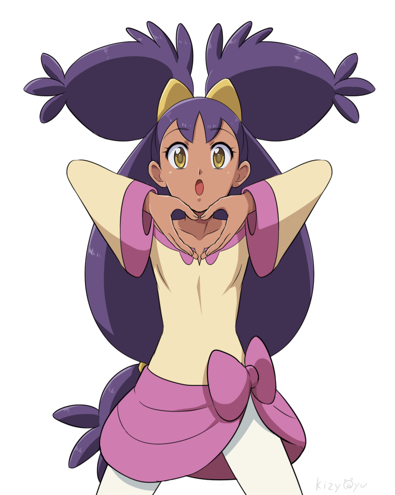 1girl :o big_hair bow dark-skinned_female dark_skin heart heart_hands iris_(pokemon) kijouyu long_hair long_sleeves looking_at_viewer open_mouth pink_bow pokemon pokemon_(game) pokemon_bw purple_hair simple_background solo two_side_up very_long_hair white_background yellow_eyes