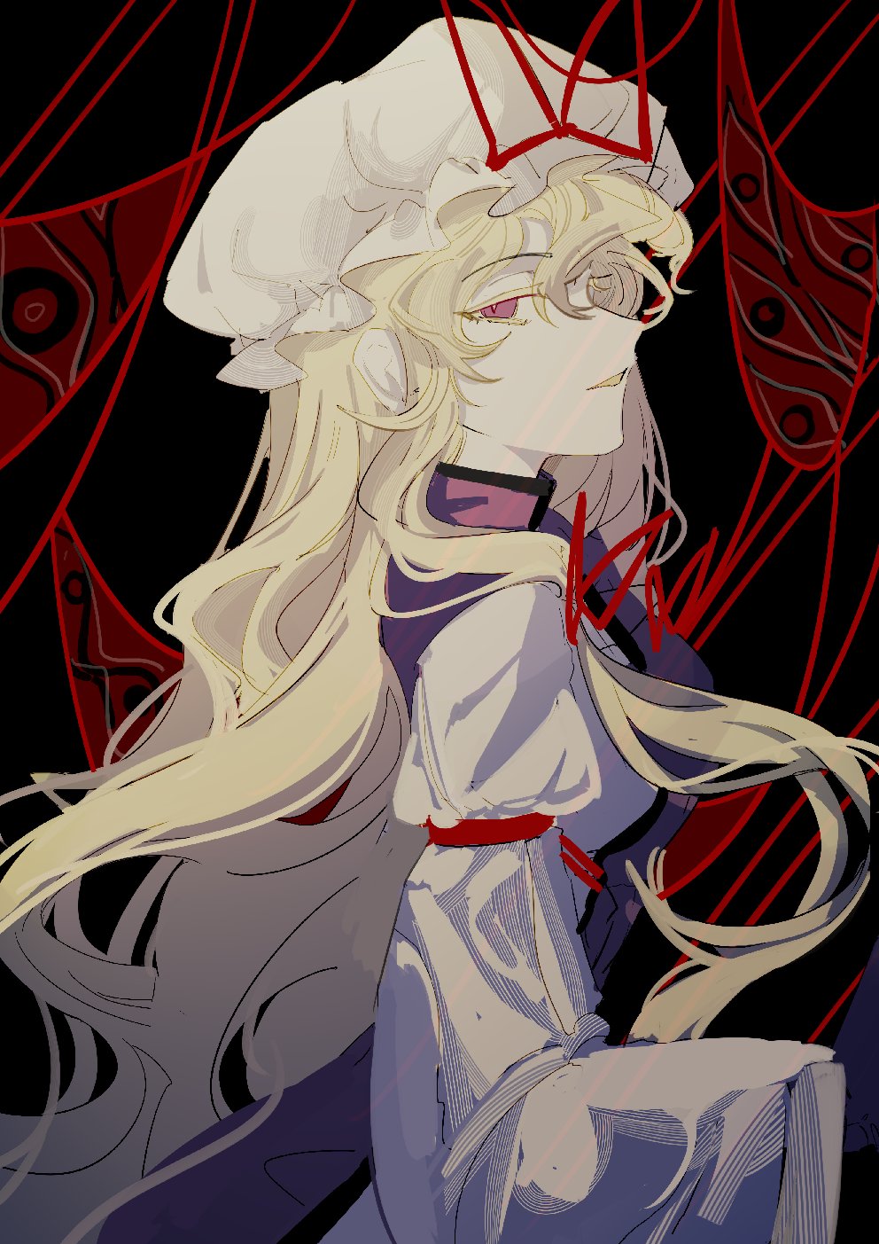 1girl blonde_hair blue_eyes bow breasts colored_eyelashes crazy_eyes curly_hair dress evil_smile eyelashes floating_hair from_side hair_between_eyes hair_flowing_over hat hat_ribbon highres light_smile long_hair long_sleeves looking_at_viewer looking_back messy_hair mob_cap open_mouth ribbon smile solo touhou xian_qishui yakumo_yukari yandere