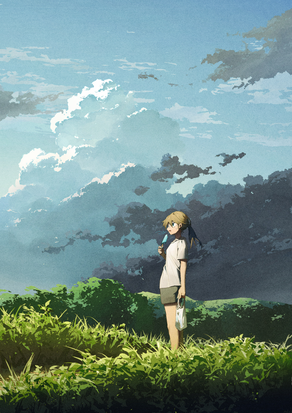 1girl bag black_shorts blue_eyes brown_hair clouds dark_clouds flat_chest food grass green_theme hair_between_eyes highres holding holding_bag holding_food holding_ice_cream ice_cream landscape long_hair looking_ahead low_ponytail on_grass open_mouth original outdoors plastic_bag ponytail potg_(piotegu) shirt short_sleeves shorts sky solo standing sweatdrop white_shirt