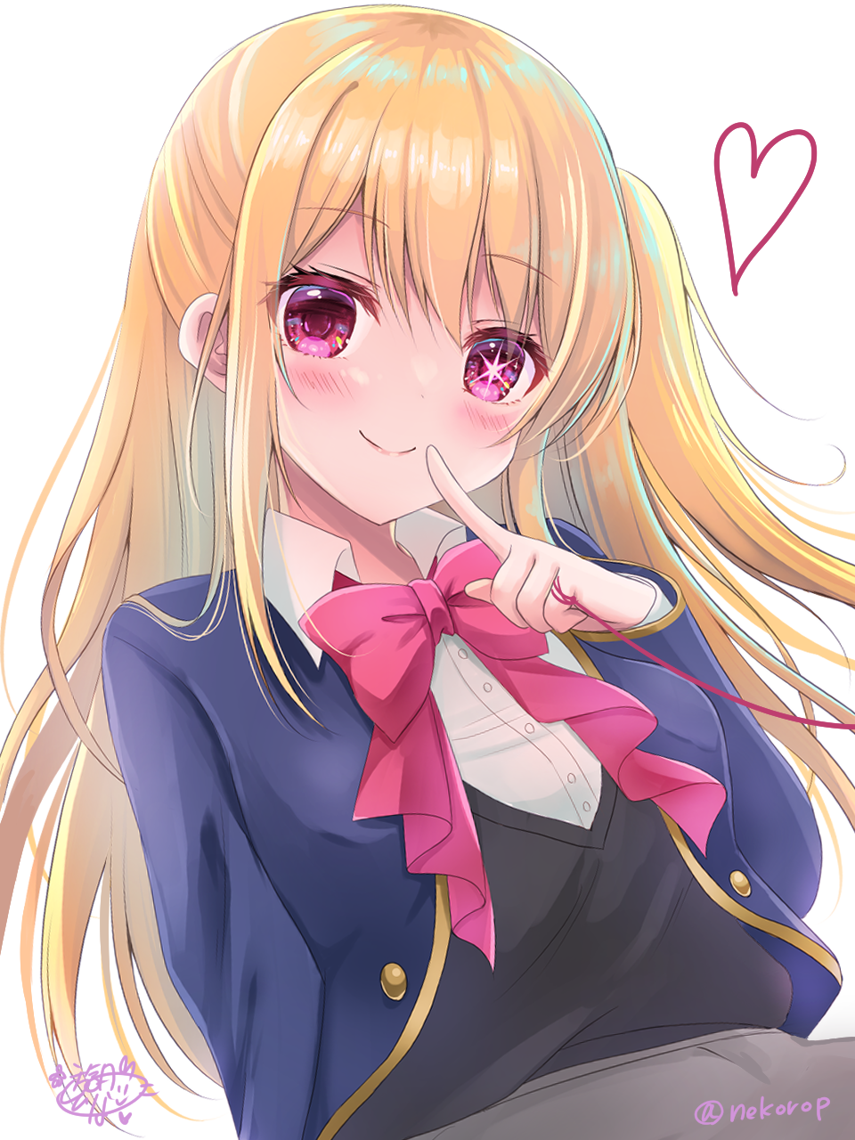 1girl artist_name black_vest blonde_hair blue_jacket blush bow bowtie breasts buttons closed_mouth collared_shirt grey_skirt hair_between_eyes hand_up heart highres hoshino_ruby jacket long_hair long_sleeves looking_at_viewer medium_breasts one_side_up open_clothes open_jacket oshi_no_ko pink_bow pink_bowtie pink_eyes school_uniform shirt sidelocks simple_background skirt smile solo star-shaped_pupils star_(symbol) symbol-shaped_pupils thread vest white_background white_shirt youtou_high_school_uniform yuutsuki_hina
