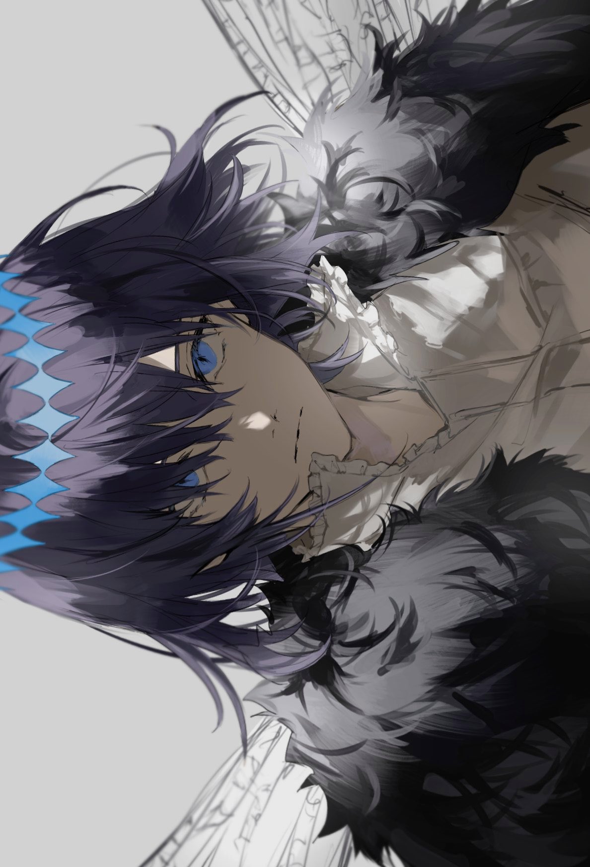 1boy alternate_costume arthropod_boy black_fur black_hair blue_eyes cape closed_mouth coat collared_shirt diamond_hairband expressionless fate/grand_order fate_(series) fur-trimmed_coat fur_collar fur_trim grey_background hair_between_eyes highres insect_wings looking_at_viewer male_focus medium_hair nozz177 oberon_(fate) oberon_(third_ascension)_(fate) official_alternate_costume official_alternate_hair_color shirt sidelocks simple_background solo spoilers upper_body white_shirt wings
