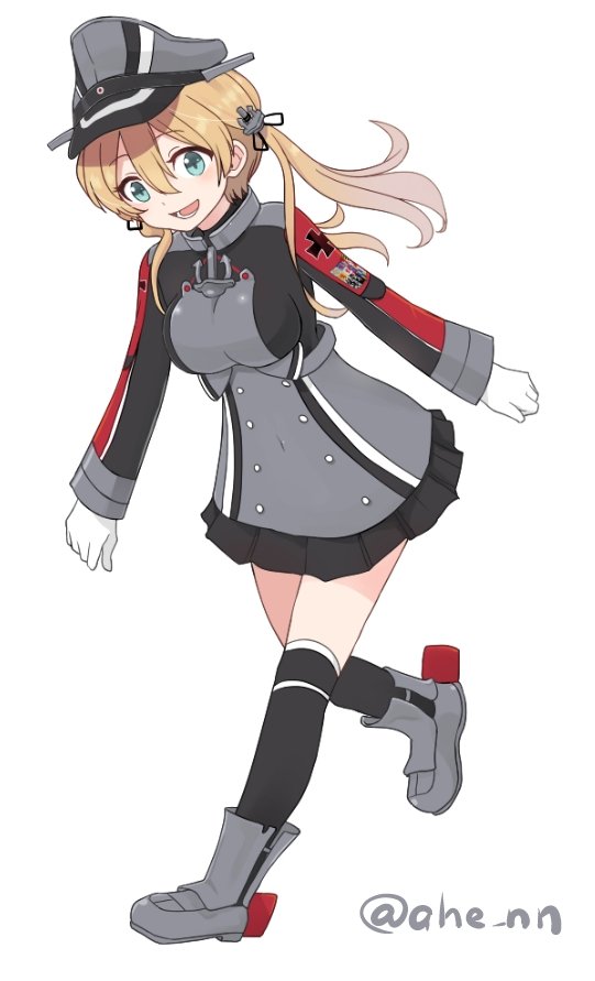 1girl ahenn anchor anchor_hair_ornament aqua_eyes cross gloves hair_ornament hat iron_cross kantai_collection long_sleeves low_twintails microskirt military military_hat military_uniform open_mouth orange_hair peaked_cap prinz_eugen_(kancolle) skirt smile twintails uniform white_gloves