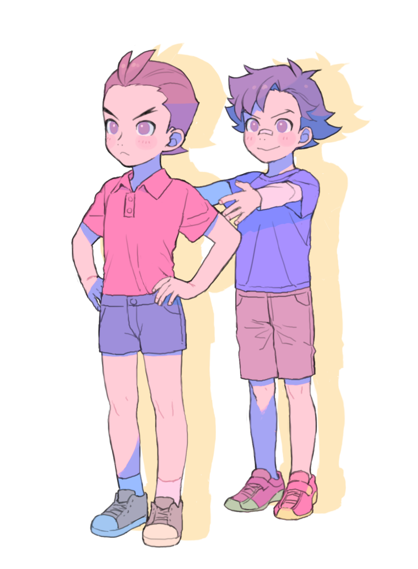2boys :&gt; :&lt; ace_attorney aged_down ankle_socks antenna_hair apollo_justice asymmetrical_bangs bandaid bandaid_on_face bandaid_on_nose black_hair blue_shirt blue_shorts blush blush_stickers brown_eyes brown_footwear brown_hair brown_shorts buttons clay_terran closed_mouth collared_shirt fingernails full_body gesture_request hands_on_own_hips layered_sleeves legs_apart long_sleeves male_child male_focus multiple_boys nostrils ouse_(otussger) pastel_colors pocket polo_shirt reaching red_footwear shirt shoes short_hair short_over_long_sleeves short_sleeves shorts simple_background smile sneakers socks spiky_hair standing t-shirt v-shaped_eyebrows velcro_footwear white_background