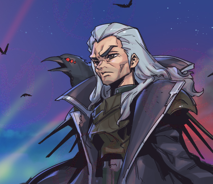 1boy animal animal_on_shoulder armor beatrice_(league_of_legends) bird bird_on_shoulder black_coat breastplate brown_eyes closed_mouth coat cowboy_shot crow grey_hair league_of_legends long_hair male_focus open_clothes open_coat outdoors phantom_ix_row serious solo standing swain_(league_of_legends)