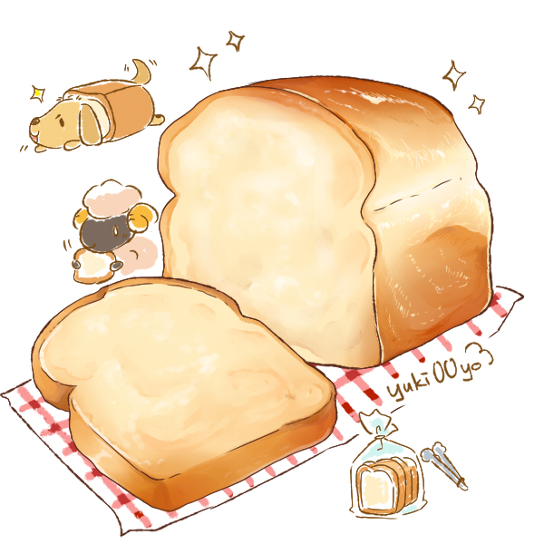 0_0 animal artist_name bag black_eyes bread chibi chibi_inset commentary dog eating food food_focus happy holding holding_food in_food loaf_of_bread napkin no_humans open_mouth original plastic_bag sheep signature simple_background smile solid_oval_eyes sparkle tongs white_background white_eyes yuki00yo