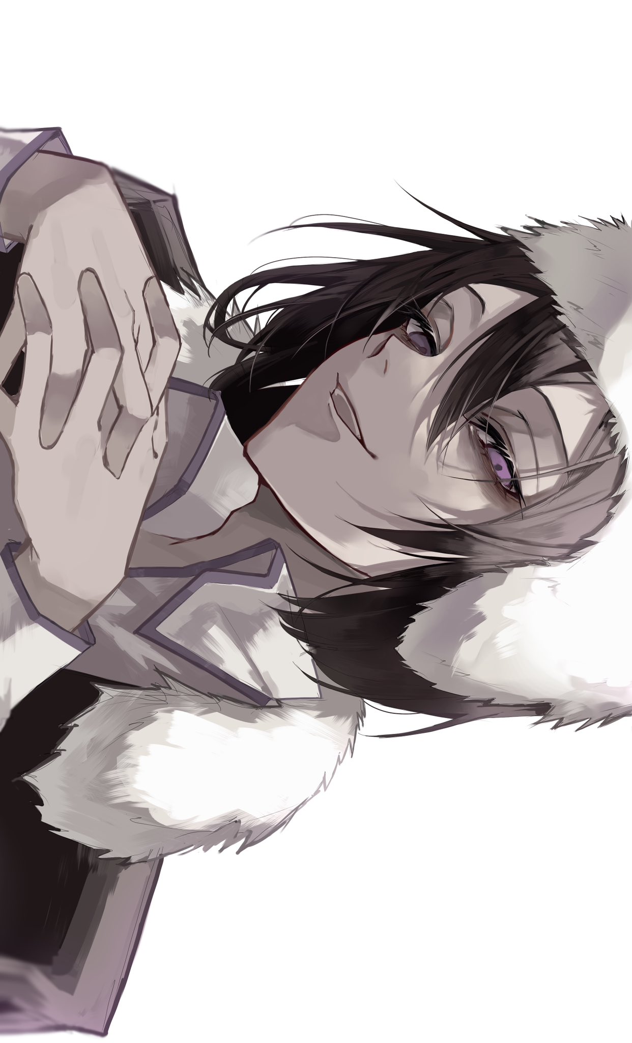 1boy black_coat black_hair bungou_stray_dogs coat collared_shirt dappled_sunlight fur-trimmed_coat fur-trimmed_headwear fur_trim fyodor_dostoyevsky_(bungou_stray_dogs) hat highres looking_at_viewer male_focus open_mouth own_hands_together shirt short_hair sidelocks simple_background smile solo sunlight upper_body user_wjpu7573 violet_eyes white_background white_shirt