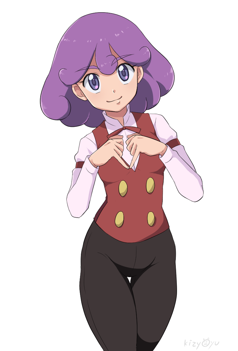 1girl bow bowtie burgundy_(pokemon) heart heart_hands kijouyu long_sleeves looking_at_viewer pants pokemon pokemon_(anime) pokemon_bw_(anime) purple_hair red_vest short_hair simple_background smile standing traditional_bowtie vest violet_eyes