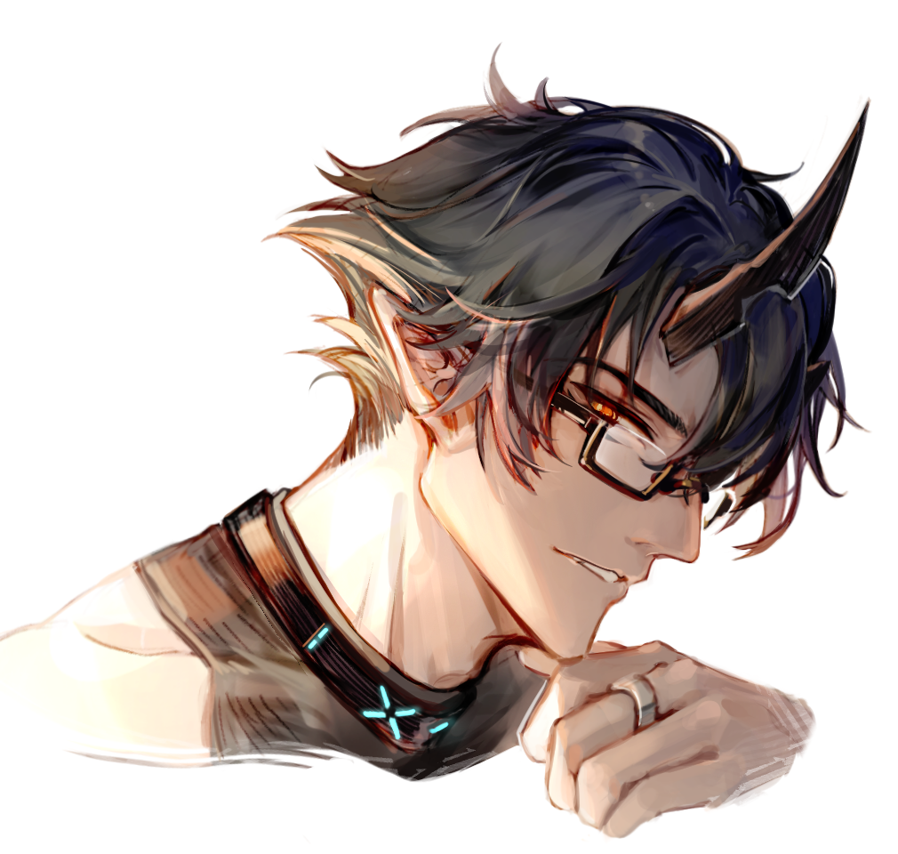 1boy arknights bespectacled black_hair black_shirt bright_pupils collar cropped_shoulders demon_boy demon_horns flamebringer_(arknights) glasses hair_between_eyes hand_on_own_chin horns imoko_(imonatsuki) looking_at_viewer male_focus orange_eyes pointy_ears red_eyes shirt short_hair sideways_glance simple_background solo