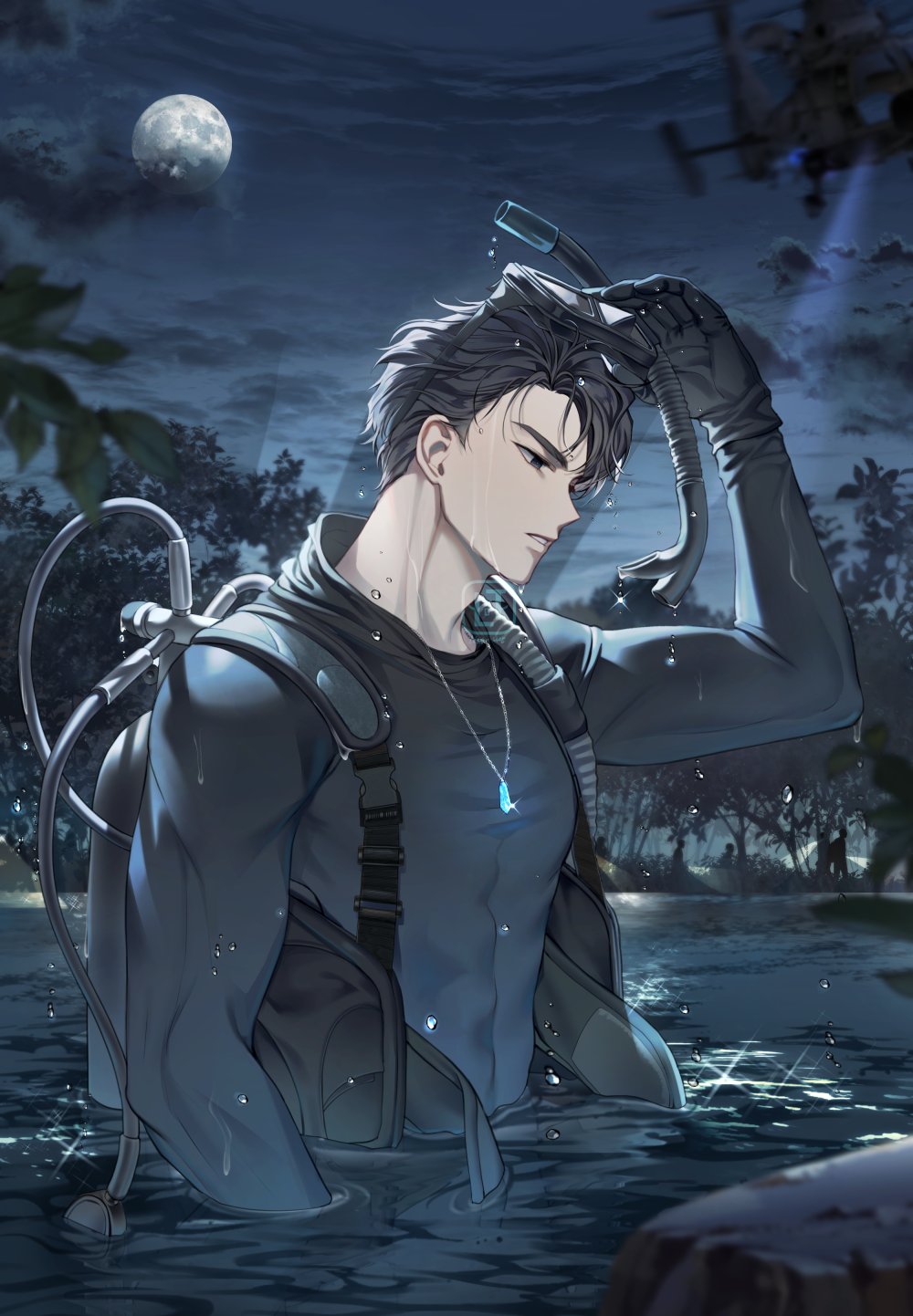 1boy arm_up black_hair blurry blurry_foreground bodysuit clouds commentary_request diving_mask diving_mask_on_head diving_suit eoduun_badaui_deungbul-i_doeeo full_moon goggles goggles_on_head highres jewelry korean_commentary lem_tea male_focus male_swimwear moon necklace night outdoors partially_submerged scuba_tank shin_hae-ryang short_hair snorkel solo water wet wetsuit