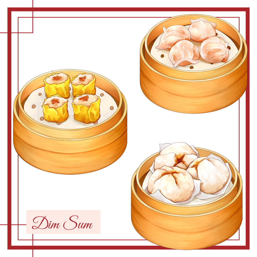 bamboo_steamer baozi border commentary dumpling english_commentary food food_focus food_name no_humans original paper red_border simple_background still_life white_background yuki00yo