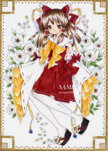 1girl bare_shoulders bow bowtie brown_eyes brown_hair closed_mouth crayon detached_sleeves flower frilled_bow frilled_shirt_collar frilled_sleeves frills full_body hair_bow hakurei_reimu junpyon0425 medium_hair pantyhose red_bow red_ribbon red_shirt red_skirt ribbon ribbon-trimmed_sleeves ribbon_trim sample_watermark shirt skirt sleeveless sleeveless_shirt solo touhou white_flower white_pantyhose wide_sleeves yellow_bow yellow_bowtie