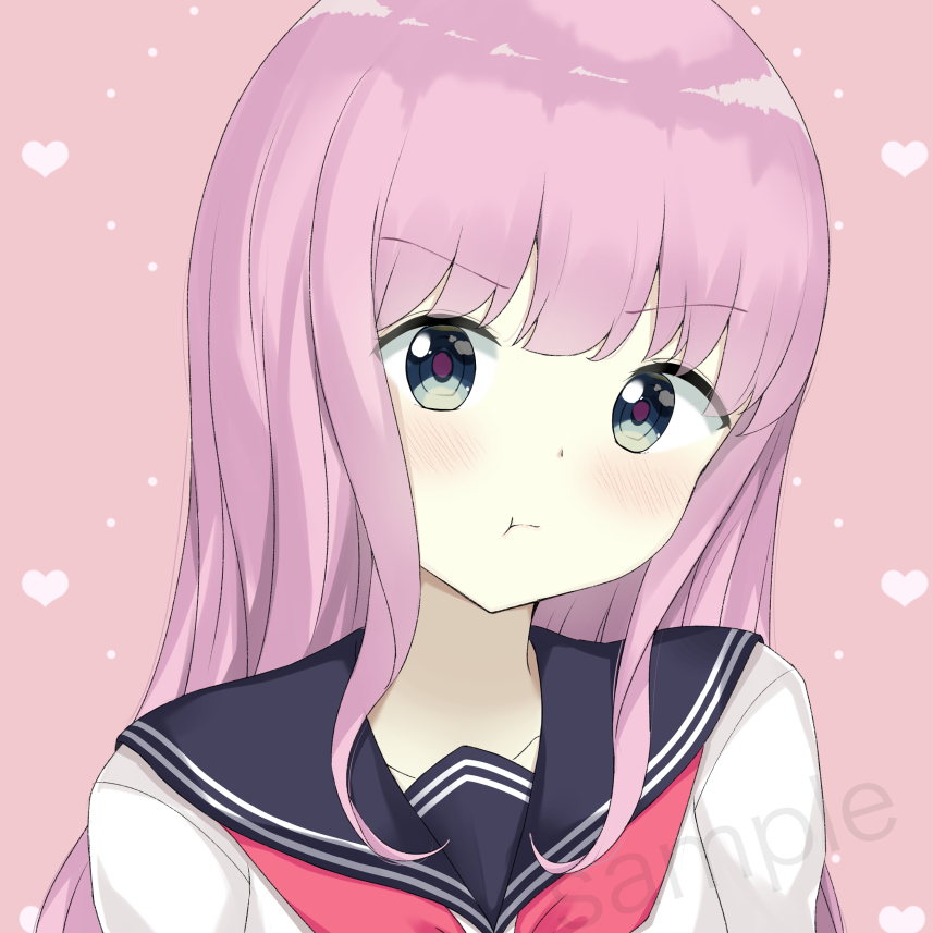1girl 7_calpis_7 :t black_sailor_collar blush clip_studio_paint_(medium) closed_mouth commentary_request grey_eyes heart long_hair looking_at_viewer original pink_background pink_hair pout sailor_collar sample_watermark school_uniform serafuku shirt simple_background solo upper_body white_shirt