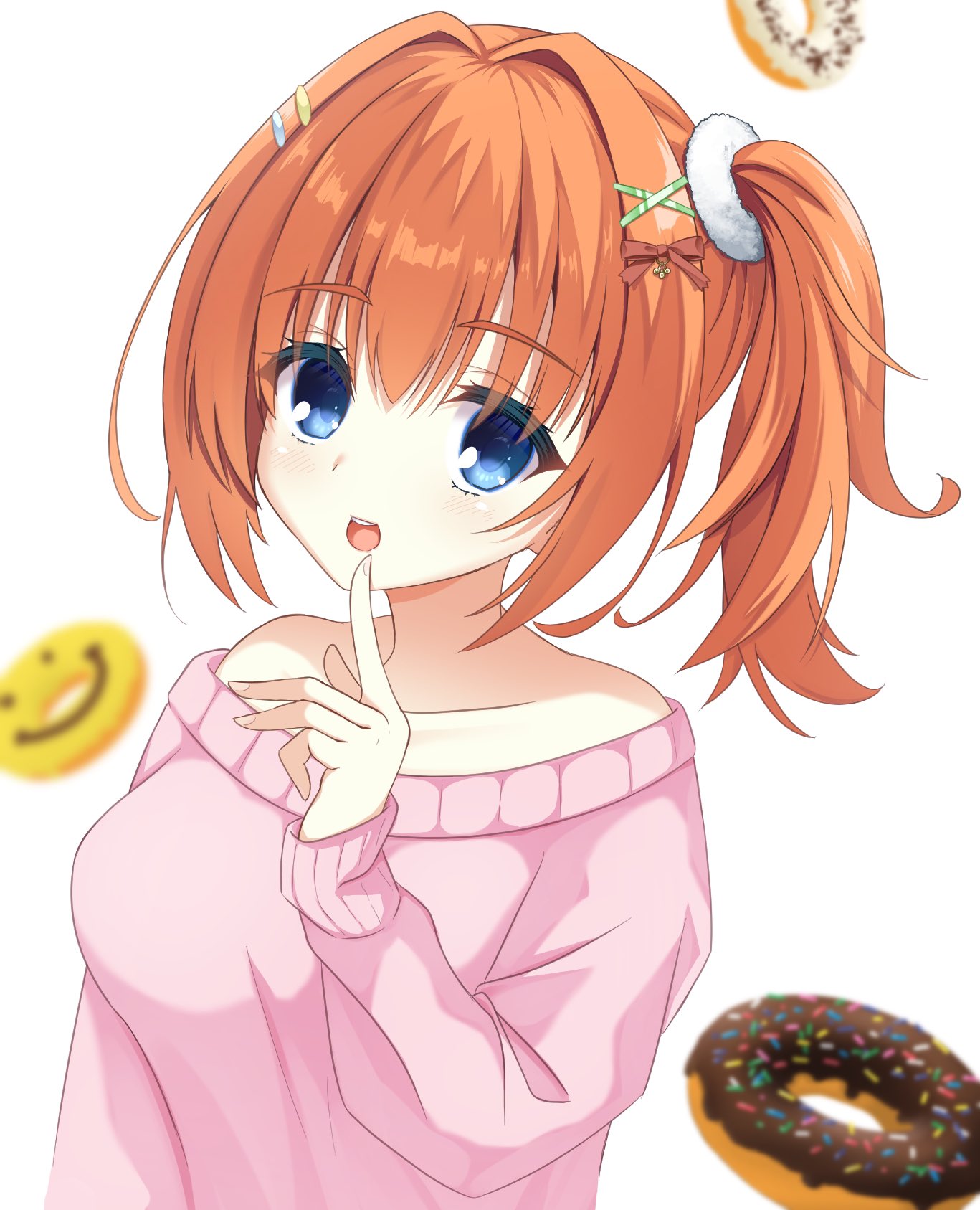 1girl blue_eyes bow breasts bububugsan cafe_stella_to_shinigami_no_chou chocolate_doughnut collarbone colored_eyelashes commentary_request doughnut eyelashes eyes_visible_through_hair finger_to_mouth fingernails food hair_between_eyes hair_bow hair_intakes hair_ornament hair_scrunchie hairclip hand_up highres index_finger_raised large_breasts light_blush long_hair looking_at_viewer open_mouth orange_hair pink_sweater red_bow scrunchie side_ponytail simple_background sleeves_past_wrists smile solo sumizome_nozomi sweater teeth upper_body upper_teeth_only upturned_eyes white_background white_scrunchie x_hair_ornament