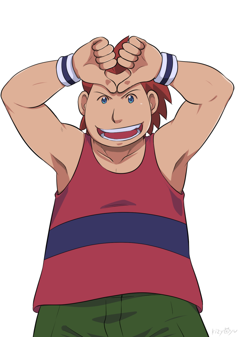 1boy arms_up blue_eyes brown_hair green_pants heart heart_hands kijouyu male_focus open_mouth pants pokemon pokemon_(anime) pokemon_bw_(anime) shirt simple_background solo standing stephan_(pokemon) striped striped_shirt white_background wristband