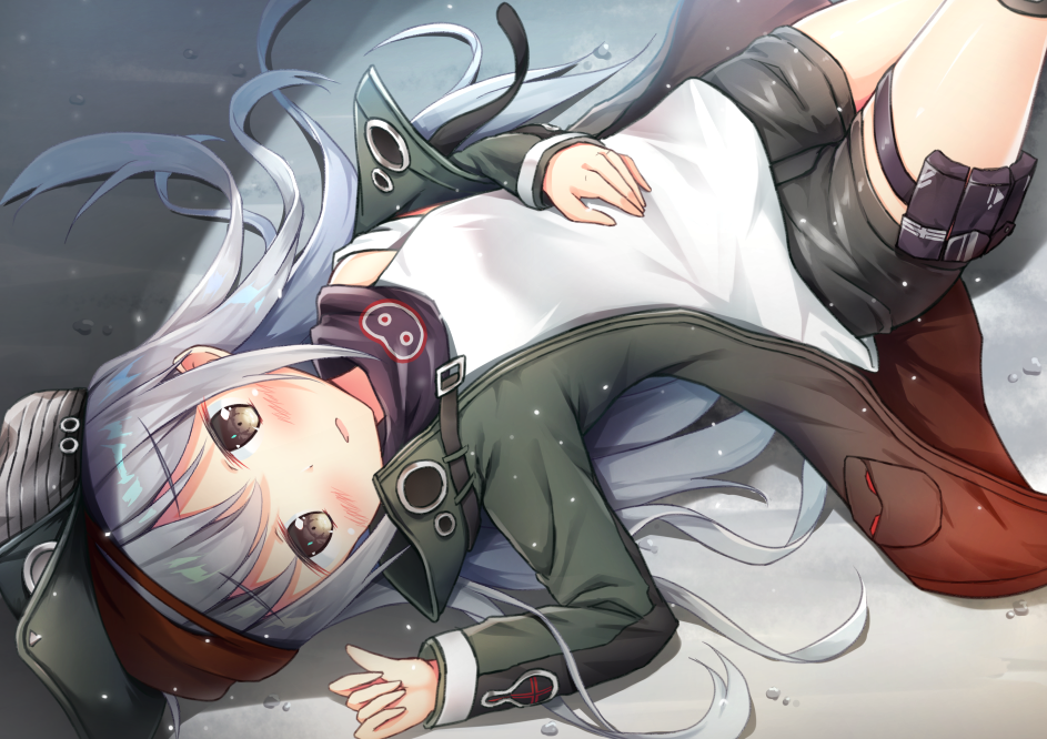 1girl ammunition_pouch black_shorts blush clenched_hand clip_studio_paint_(medium) commentary_request english_commentary g11_(girls'_frontline) girls_frontline gradient_jacket green_headwear green_jacket grey_eyes grey_hair hand_on_own_stomach hand_up hat head_tilt holster jacket knee_pads long_hair looking_at_viewer lying mixed-language_commentary multicolored_clothes multicolored_jacket off_shoulder on_back on_ground open_clothes open_jacket parted_lips pouch red_jacket scarf shirt shorts sidelocks solo strap swept_bangs thigh_holster very_long_hair white_shirt yashin
