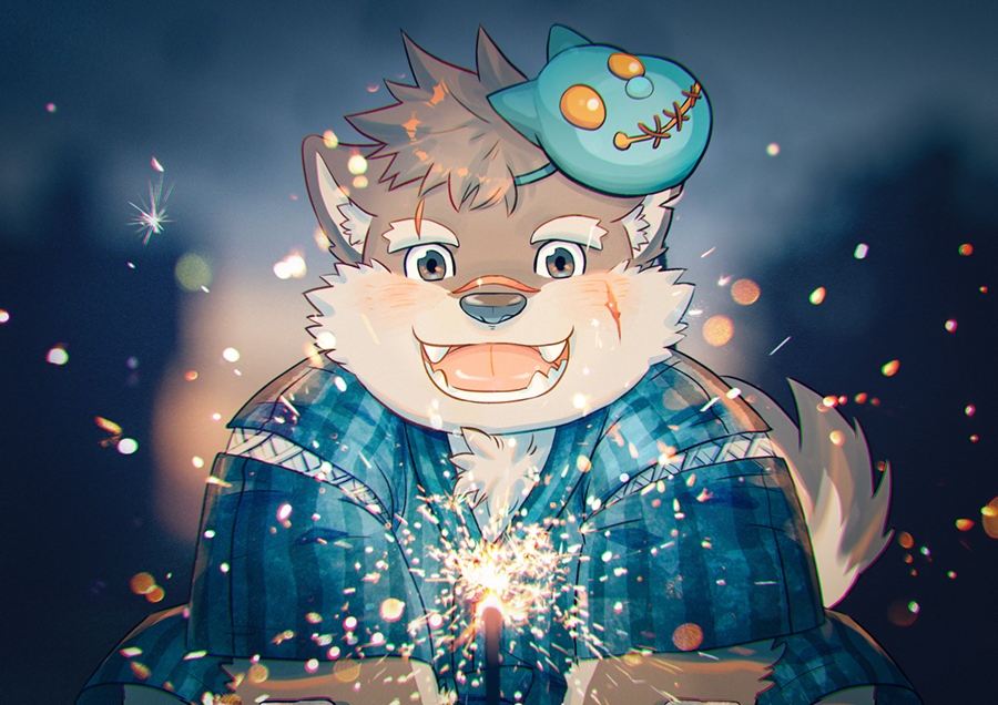 1boy animal_ear_fluff animal_ears blurry blurry_background blush bokeh brown_fur brown_hair character_mask chest_tuft daisukebear depth_of_field devil_(housamo) dog_boy dog_ears dog_tail eyebrow_cut fireworks forked_eyebrows furry furry_male holding_fireworks jinbei_(clothes) male_focus mask mask_on_head moritaka_(housamo) notched_ear open_mouth plump scar scar_on_cheek scar_on_face scar_on_nose short_hair smile solo sparkle sparkler tail thick_eyebrows tokyo_afterschool_summoners two-tone_fur upper_body