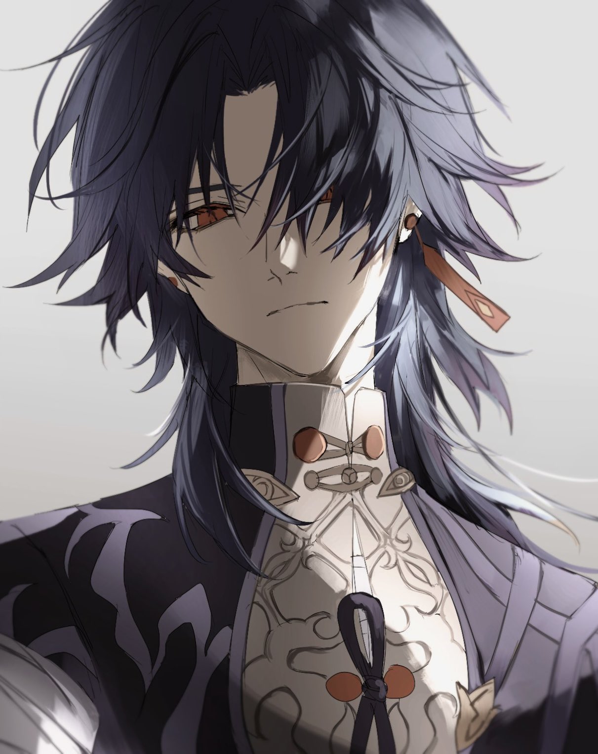1boy black_jacket blade_(honkai:_star_rail) blue_hair chest_sarashi chinese_clothes closed_mouth earrings expressionless grey_background hair_over_one_eye highres honkai:_star_rail honkai_(series) jacket jewelry long_hair looking_at_viewer male_focus nozz177 parted_lips red_eyes sarashi shadow sidelocks simple_background solo tassel tassel_earrings upper_body