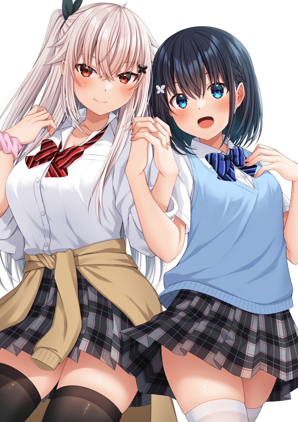 2girls :d black_hair black_ribbon black_thighhighs blue_bow blue_eyes blush bow braid breasts brown_cardigan butterfly_hair_ornament cardigan cardigan_around_waist closed_mouth clothes_around_waist collared_shirt commentary_request diagonal-striped_bow dress_shirt etna_(kuzuyu) grey_hair grey_skirt hair_between_eyes hair_ornament hair_ribbon hands_up highres holding_hands interlocked_fingers komori_kuzuyu long_sleeves looking_at_viewer medium_breasts multiple_girls one_side_up original plaid plaid_skirt pleated_skirt pointy_ears red_bow red_eyes ribbon rivier_(kuzuyu) shirt short_sleeves simple_background skirt small_breasts smile sweater_vest thigh-highs white_background white_shirt white_thighhighs