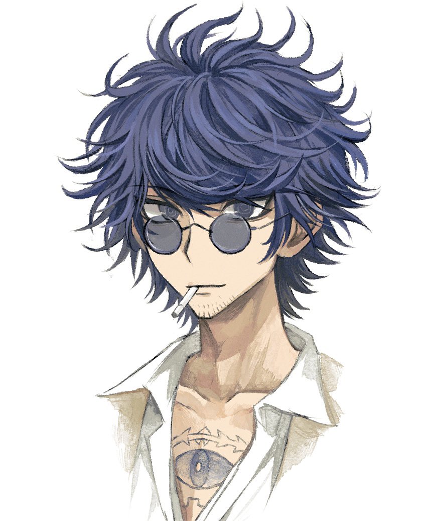 1boy blue_eyes blue_hair chest_tattoo cigarette closed_mouth collared_shirt commentary_request facial_hair glasses hashi_(84_rainco) long_sleeves looking_at_viewer male_focus master_detective_archives:_rain_code messy_hair mouth_hold round_eyewear shirt short_hair simple_background solo stubble tattoo tinted_eyewear upper_body white_background white_shirt yakou_furio