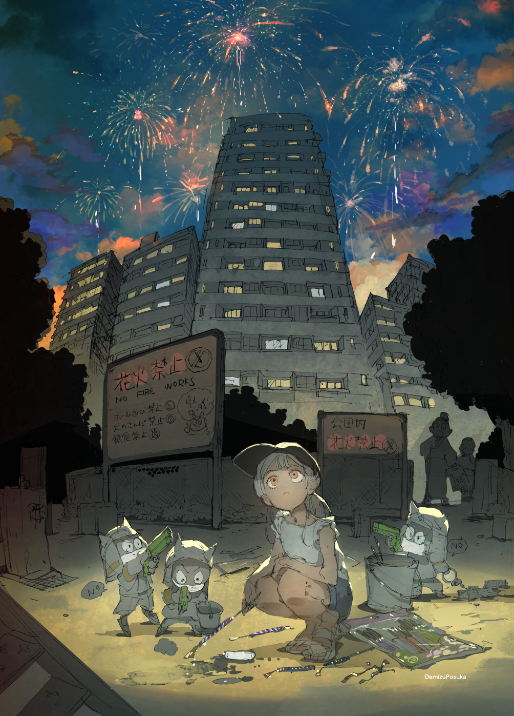 artist_name baseball_cap black_headwear blue_shorts brown_eyes building city_lights clouds commentary_request demizu_posuka dusk fireworks grey_hair hat highres looking_up original outdoors ponytail sandals scenery shirt shorts sign solo_focus sparkler squatting tree twilight white_shirt wide_shot