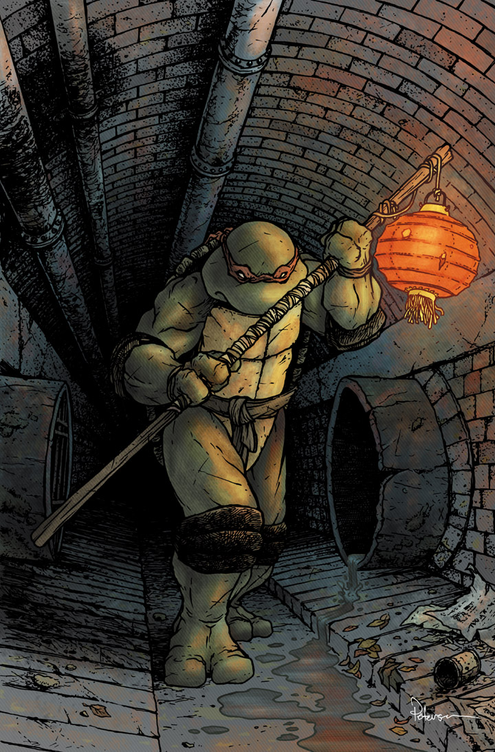 1boy david_petersen english_commentary facing_viewer full_body holding holding_weapon male_focus no_humans official_art red_mask solo staff teenage_mutant_ninja_turtles turtle_boy weapon western_comics_(style)