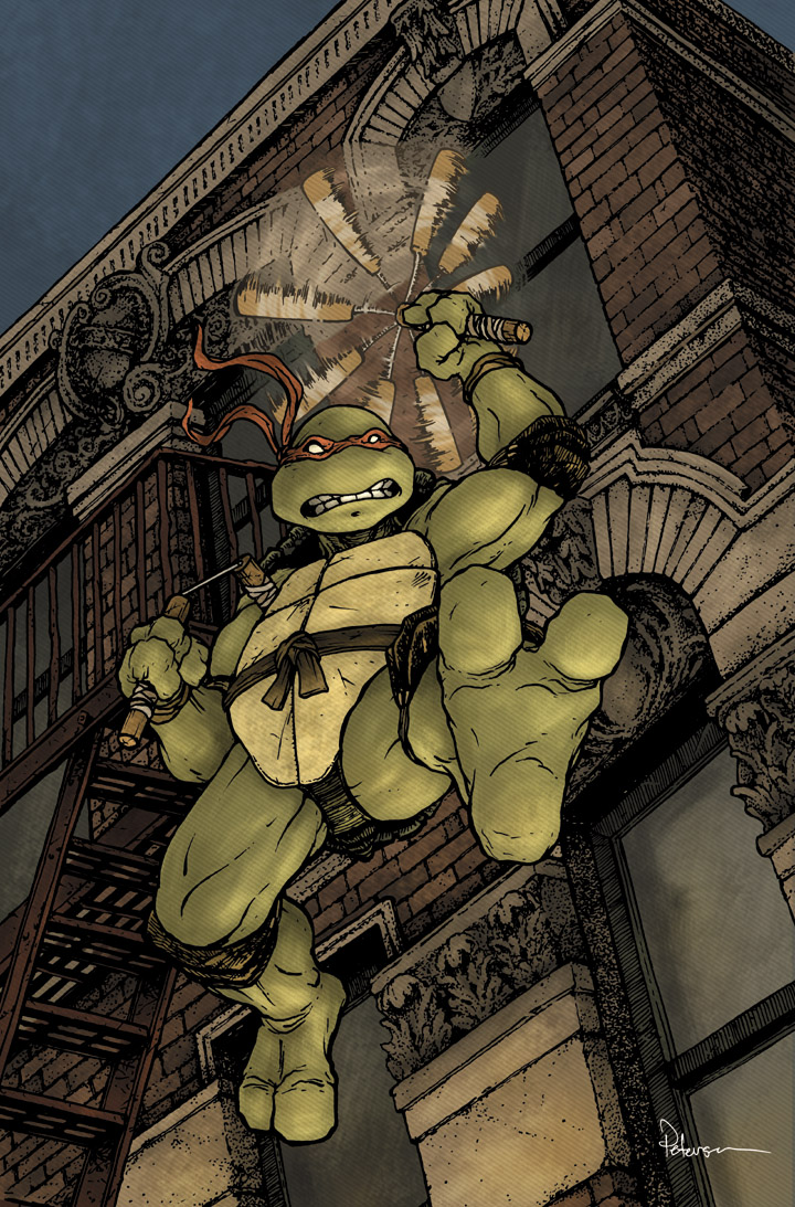 1boy clenched_teeth david_petersen english_commentary from_below holding holding_nunchaku holding_weapon looking_at_viewer male_focus michelangelo_(tmnt) no_humans nunchaku official_art red_mask solo teenage_mutant_ninja_turtles teenage_mutant_ninja_turtles_(idw) teeth weapon western_comics_(style)