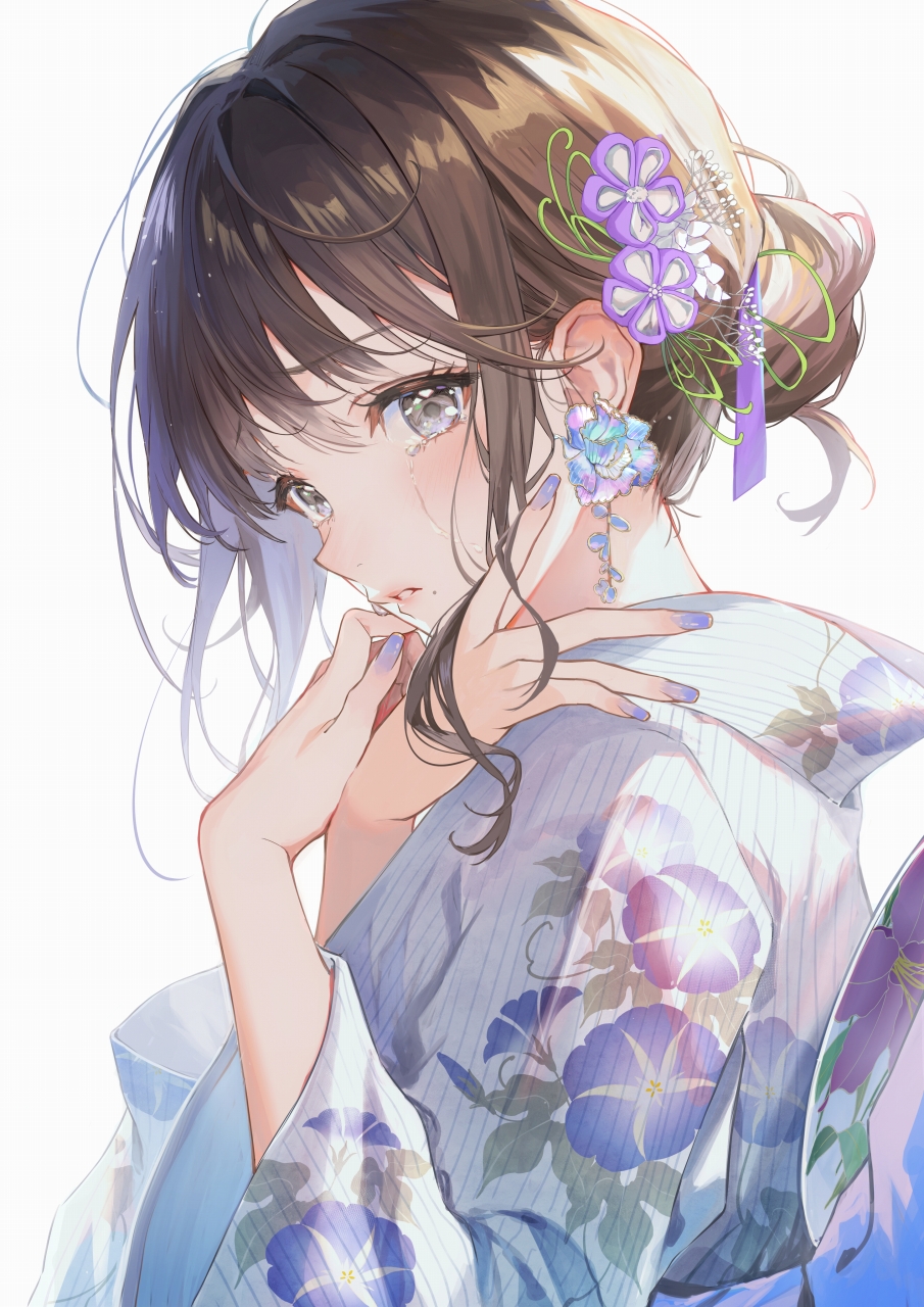 1girl black_nails brown_hair character_request copyright_request crying crying_with_eyes_open earrings eyelashes fingernails floral_print_kimono flower hair_between_eyes hair_bun hair_flower hair_ornament haru_(hiyori-kohal) highres japanese_clothes jewelry kimono long_hair long_sleeves looking_at_viewer mole mole_under_mouth nail_polish original own_hands_together parted_lips pink_lips purple_flower purple_nails sidelocks simple_background single_earring single_hair_bun solo teardrop tears traditional_clothes upper_body white_background wide_sleeves