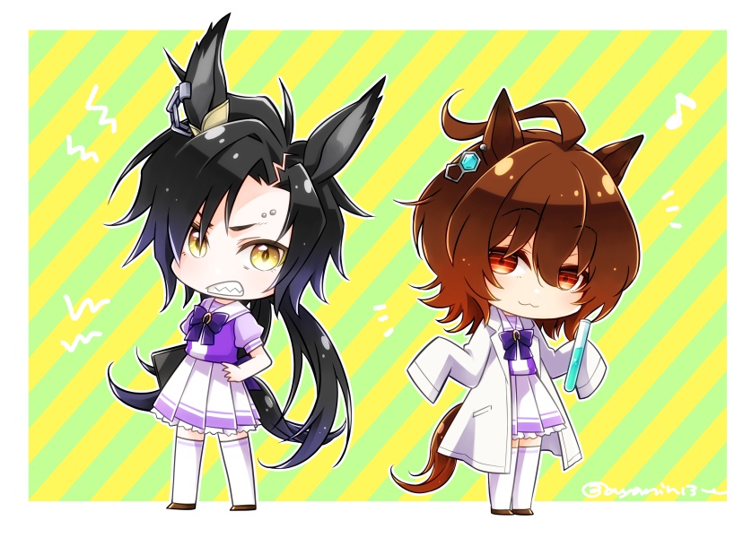 2girls agnes_tachyon_(umamusume) air_shakur_(umamusume) animal_ears black_hair brown_hair chibi chigyo clenched_teeth closed_mouth eyebrow_piercing full_body hands_on_own_hips horse_ears horse_girl horse_tail lab_coat long_hair looking_at_viewer multiple_girls musical_note notice_lines parted_bangs piercing pleated_skirt purple_shirt red_eyes school_uniform sharp_teeth shirt skirt sleeves_past_fingers sleeves_past_wrists smile standing tail teeth test_tube thigh-highs tracen_school_uniform twitter_username umamusume v-shaped_eyebrows white_skirt white_thighhighs yellow_eyes