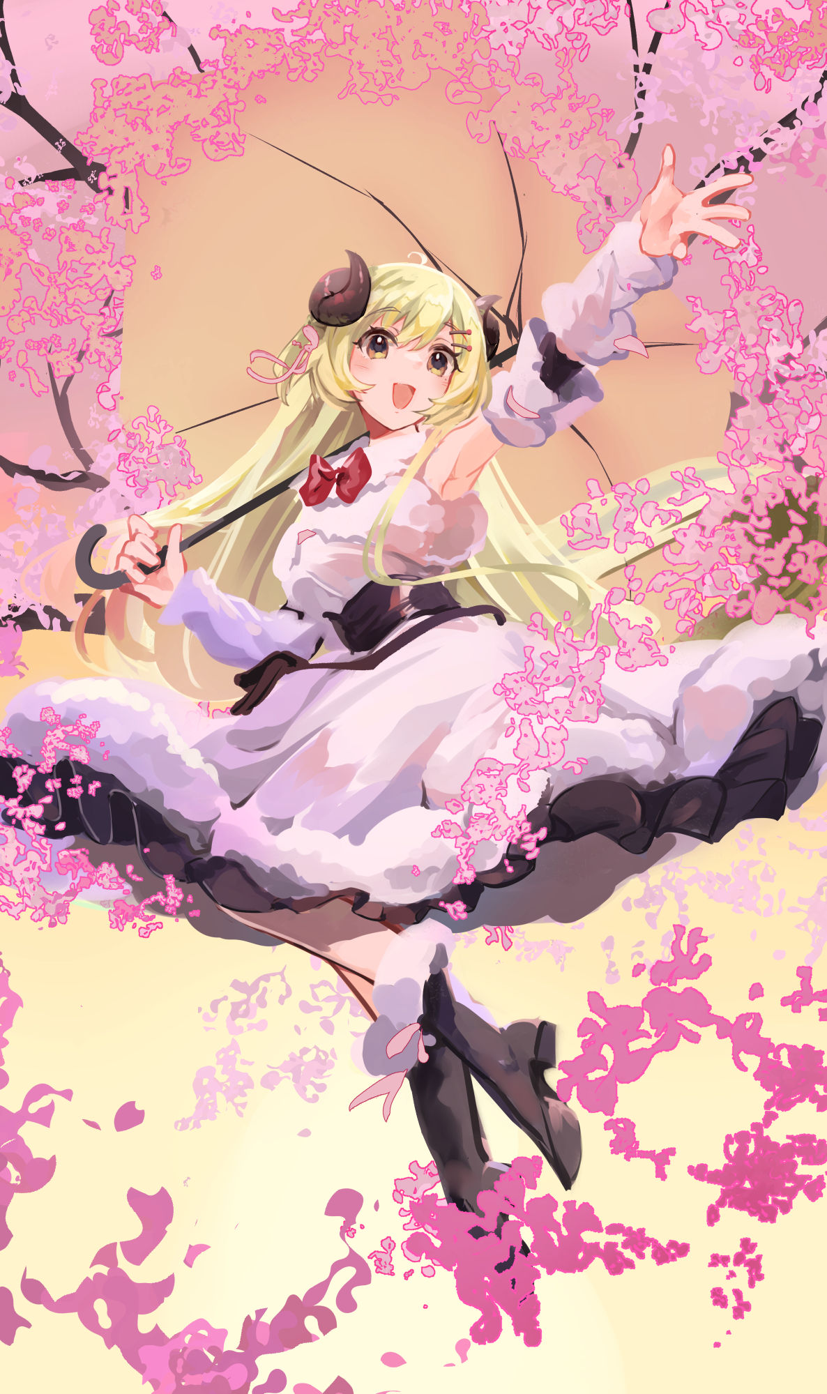 1girl :d ahoge armpits belt_pouch black_footwear black_skirt blonde_hair blush boots bow bowtie brooch cherry_blossoms detached_sleeves dress empire_waist full_body fur-trimmed_boots fur-trimmed_dress fur-trimmed_sleeves fur_trim hair_ornament hairclip half_updo hand_up highres hololive horns jewelry long_hair mochiyuki_(gigfor1) negative_space open_mouth parasol pleated_skirt pouch red_bow red_bowtie sheep_horns short_dress short_ponytail skirt skirt_under_dress sleeveless sleeveless_dress smile solo tsunomaki_watame tsunomaki_watame_(1st_costume) umbrella underbust very_long_hair violet_eyes virtual_youtuber white_dress