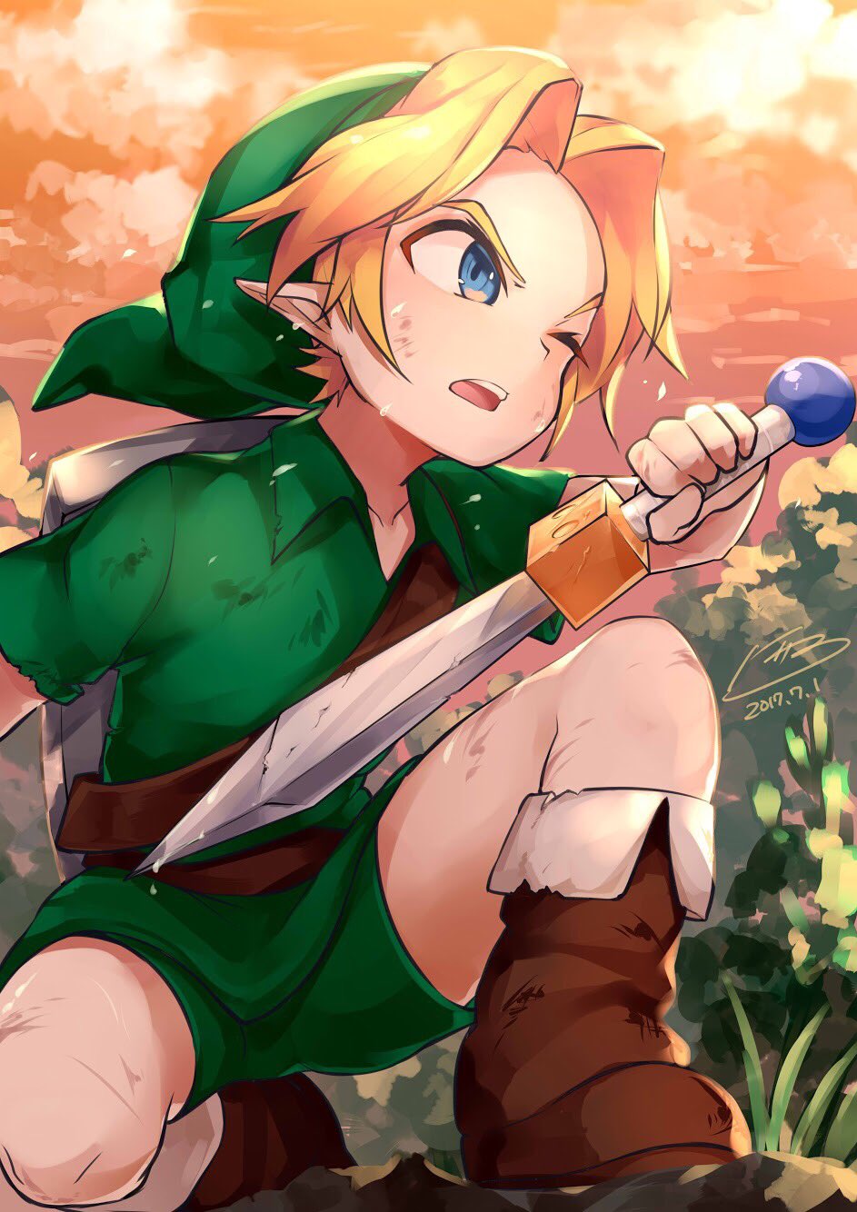 1boy artist_name blonde_hair blue_eyes boots brown_footwear child clouds cloudy_sky commentary_request green_headwear green_tunic hat highres holding kneeling link male_child male_focus niyama_n one_eye_closed open_mouth orange_sky pointy_ears short_hair sky solo sword teeth the_legend_of_zelda the_legend_of_zelda:_majora's_mask the_legend_of_zelda:_ocarina_of_time tunic upper_teeth_only weapon young_link