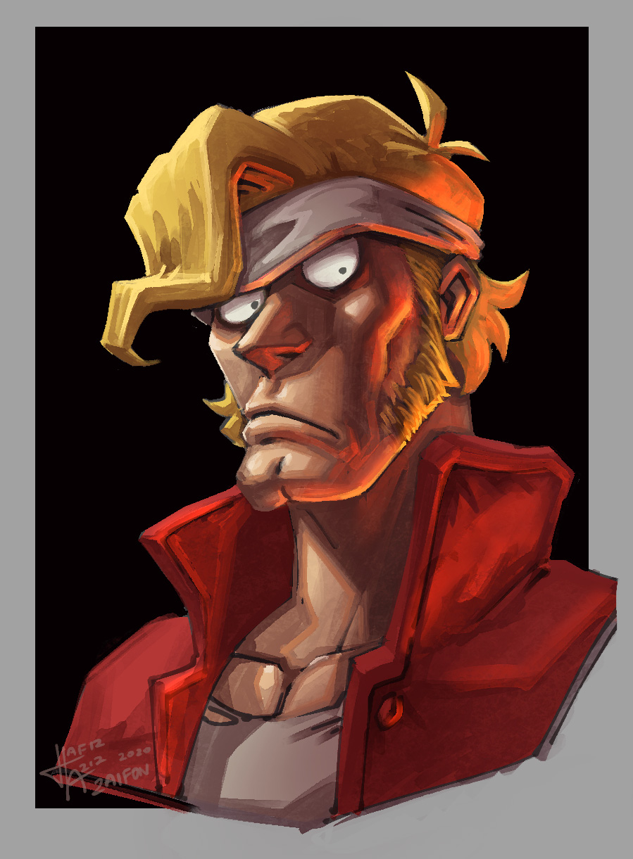 1boy 2020 blonde_hair crop_top dated frown headband highres jacket looking_at_viewer male_focus marco_rossi metal_slug pectorals red_jacket shirt sideburns signature simple_background solo upper_body white_headband white_shirt za1f0n