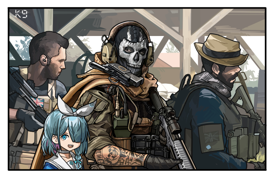 1girl 3boys arm_tattoo arona_(blue_archive) beard_stubble black_gloves blue_archive blue_eyes blue_hair braid call_of_duty call_of_duty:_modern_warfare_2 captain_price choker crossover facial_hair ghost_(modern_warfare_2) gloves grey_scarf gun hair_over_one_eye hairband hat holding holding_gun holding_weapon kuroinu9 looking_at_viewer mask mature_male military_uniform multiple_boys outdoors parted_lips profile revision sailor_collar scarf side_braid sidecut single_braid skull_mask soap_(modern_warfare_2) tattoo teeth uniform union_jack upper_body upper_teeth_only weapon white_choker white_hairband white_sailor_collar