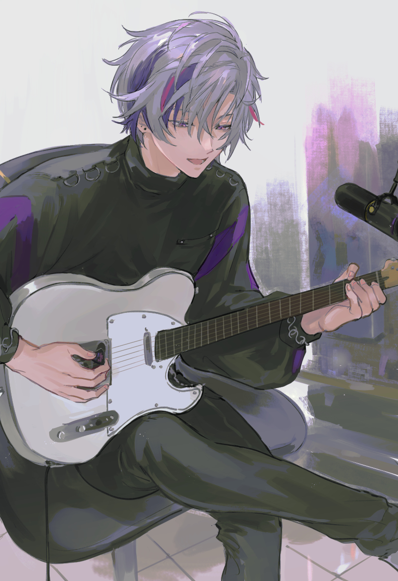 1boy black_gloves black_kimono commentary_request electric_guitar fuwa_minato gloves guitar instrument japanese_clothes kimono long_hair makeup male_focus moimirr multicolored_hair music nijisanji on_chair playing_instrument purple_hair redhead sitting solo violet_eyes virtual_youtuber