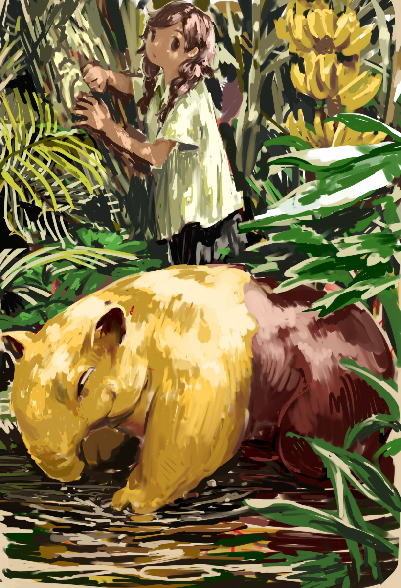 1girl braid brown_eyes brown_hair commentary_request drowzee forest grass highres leaf looking_at_another nature outdoors pero_(sabuaka_bacon) pokemon pokemon_(creature) shirt short_sleeves smile solo standing t-shirt twin_braids water white_shirt