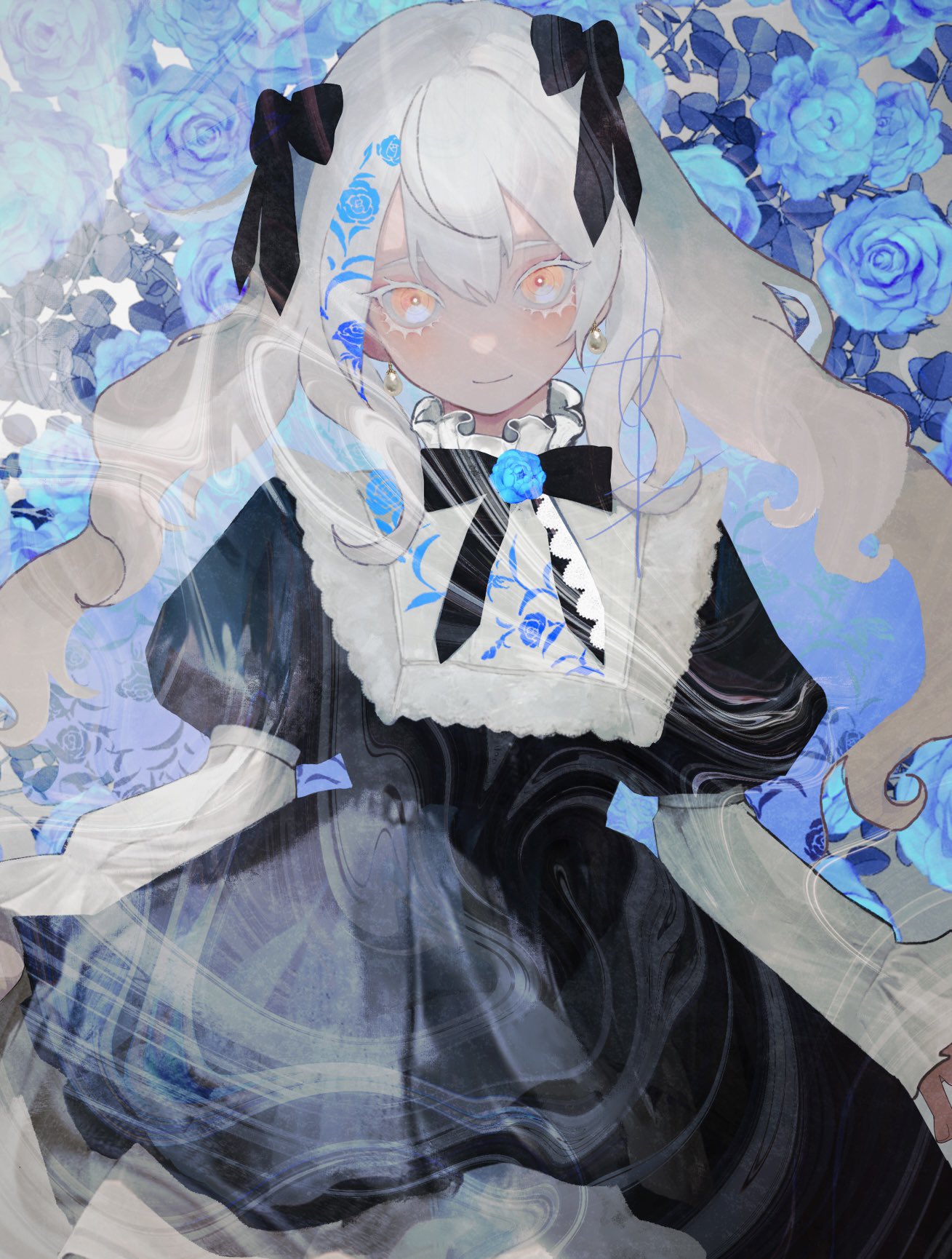 1girl black_bow black_bowtie black_dress blue_flower blue_hair blue_petals blue_rose blush bow bowtie closed_mouth commentary dress earrings eyelashes floral_background floral_print_dress flower hair_between_eyes hair_bow ham_melon_(iloha_24) highres jewelry light_blue_hair lolita_fashion long_hair long_sleeves looking_at_viewer multicolored_hair orange_eyes original patterned_hair puffy_long_sleeves puffy_sleeves rose signature smile solo standing streaked_hair symbol-only_commentary two-tone_hair white_hair white_sleeves