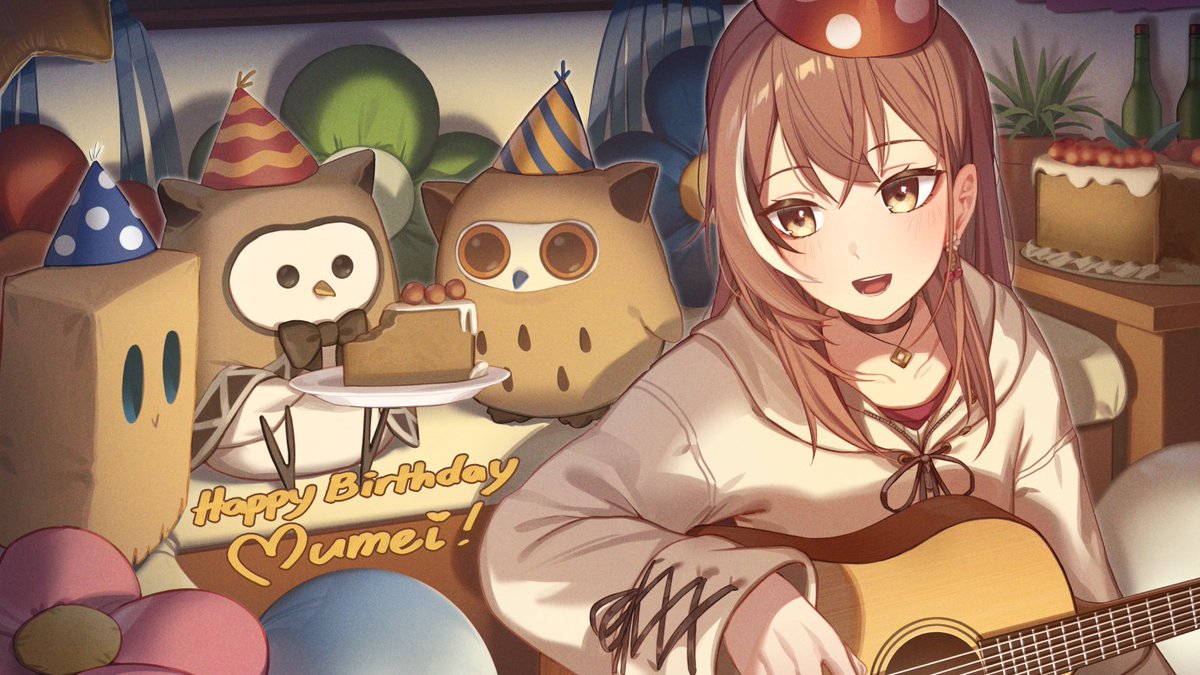 1girl ahoge balloon berry black_choker bottle brown_eyes brown_hair brown_hoodie cake cake_slice choker crossed_bangs earrings erezu food food-themed_earrings friend_(nanashi_mumei) guitar happy_birthday hat holding holding_instrument hololive hololive_english hood hoodie hooman_(nanashi_mumei) hootsie_(nanashi_mumei) instrument jewelry long_hair multicolored_hair nanashi_mumei nanashi_mumei_(3rd_costume) necklace official_alternate_costume oversized_clothes party_hat pillow plate red_shirt shirt sleeves_past_wrists smile strawberry_shortcake streaked_hair sweater teeth virtual_youtuber white_sweater wide_sleeves