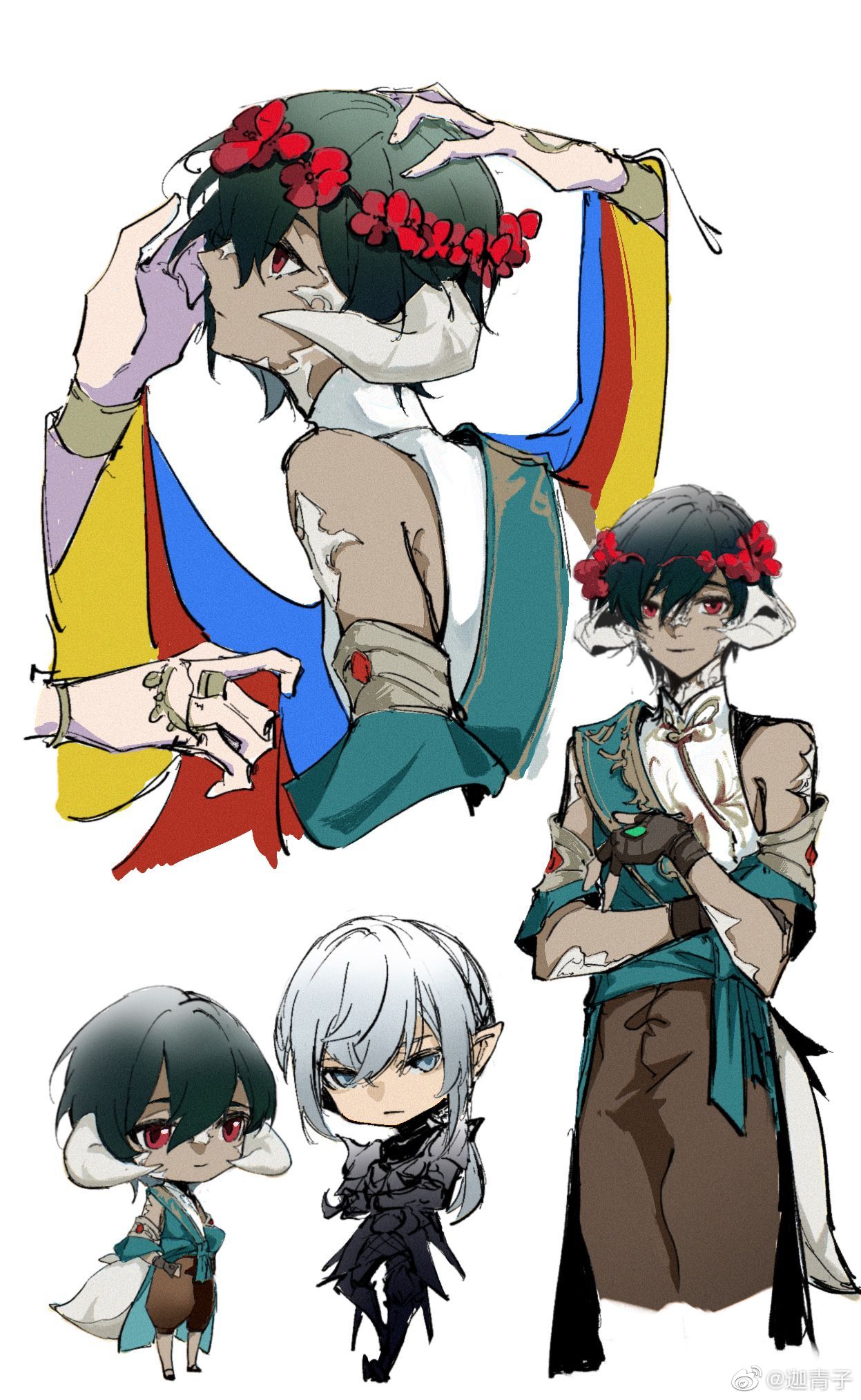2boys au_ra blue_eyes brown_gloves brown_pants chibi collared_shirt cropped_legs cropped_torso crossed_arms curled_horns detached_sleeves dragon_boy dragon_horns dragon_tail elezen elf estinien_varlineau final_fantasy final_fantasy_xiv fingerless_gloves flower_wreath full_body gloves green_hair hair_between_eyes hand_on_own_chest head_wreath high_collar highres horns indian_clothes jia_qing_zi looking_at_viewer low_ponytail male_focus medium_hair multiple_boys multiple_views pants pointy_ears profile red_eyes sash scales shirt short_hair simple_background single_bare_shoulder sleeveless sleeveless_shirt smile standing tail varshahn weibo_logo weibo_username white_background white_hair white_shirt