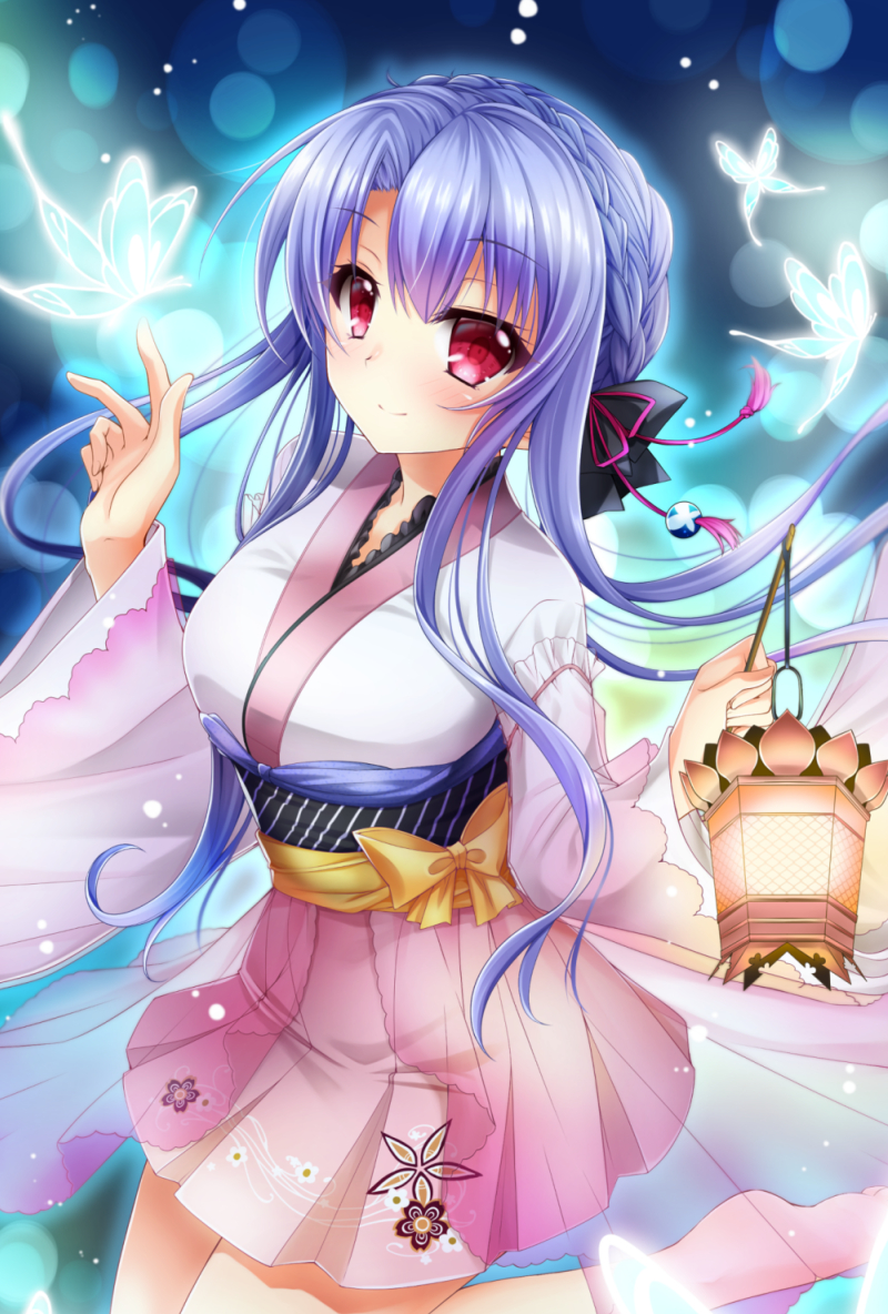 1girl barefoot black_bow blue_background blue_butterfly blue_hair blush bow braid breasts bug butterfly butterfly_on_hand chibinon closed_mouth commentary_request cowboy_shot crown_braid eyelashes floating_hair floral_print frilled_kimono frilled_sleeves frills hair_between_eyes hair_bow hair_ornament hand_up holding holding_lantern japanese_clothes kimono kneeling lantern large_breasts long_hair long_sleeves looking_at_animal miko miko_day miniskirt nontraditional_miko official_alternate_costume pink_skirt pleated_skirt red_eyes red_tassel sidelocks simple_background skirt smile solo sorakado_ao summer_pockets tassel tassel_hair_ornament very_long_hair white_kimono wide_sleeves